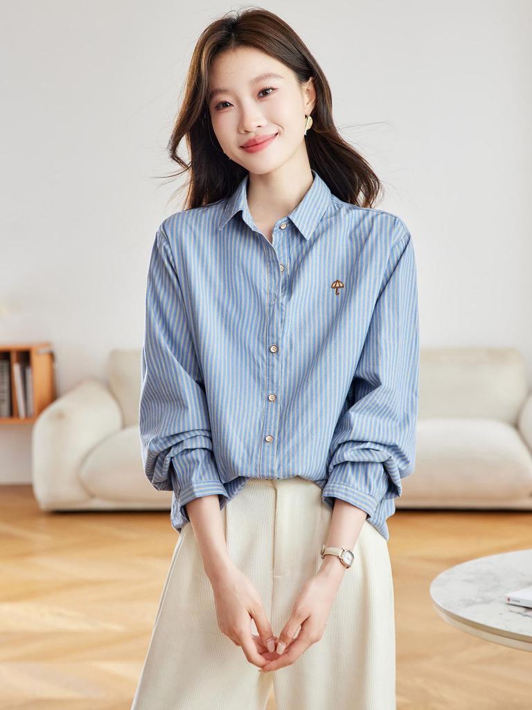 Women's Blue Striped French Vintage Loose Cotton Shirt, Versatile Long Sleeve for Spring & Autumn
