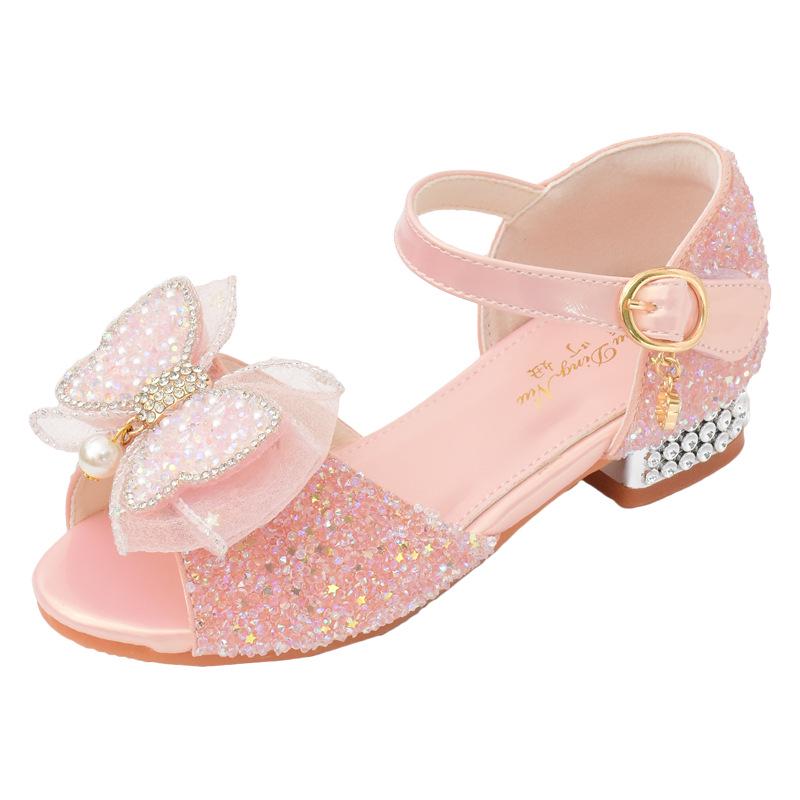 Girls' High-Heeled Crystal Sandals with Rhinestone Bow - Soft Sole Princess Shoes for 2026 Summer Performances