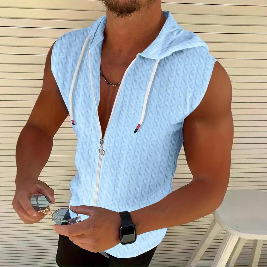 Summer men's jacquard striped zipper cardigan sleeveless hooded T-shir