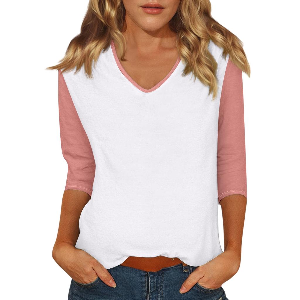 Women's Casual Fashion Sexy Comfortable V-neck Stitching Color Three-quarter Sleeve Top