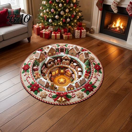 Kerstfeest Woondecoratie Rond Kerst 3D Vloerkleed, Optische Illusie Vloerkleed Kerstman Kabouter Gewatteerd-achtig Creatief Cadeau voor Antislip Wasbare Vloer