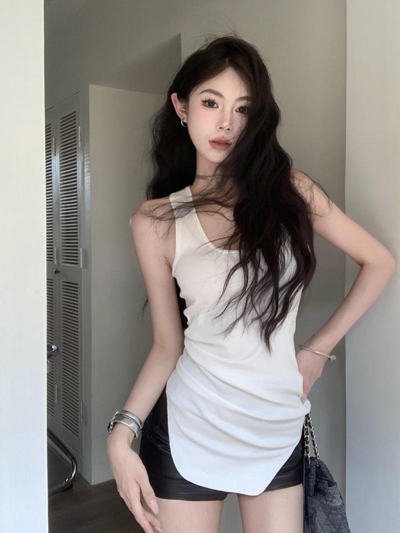 

American medium and long I-shaped vest sling women s summer u-shaped hem slim sleeveless Spice Girl top outside S белый