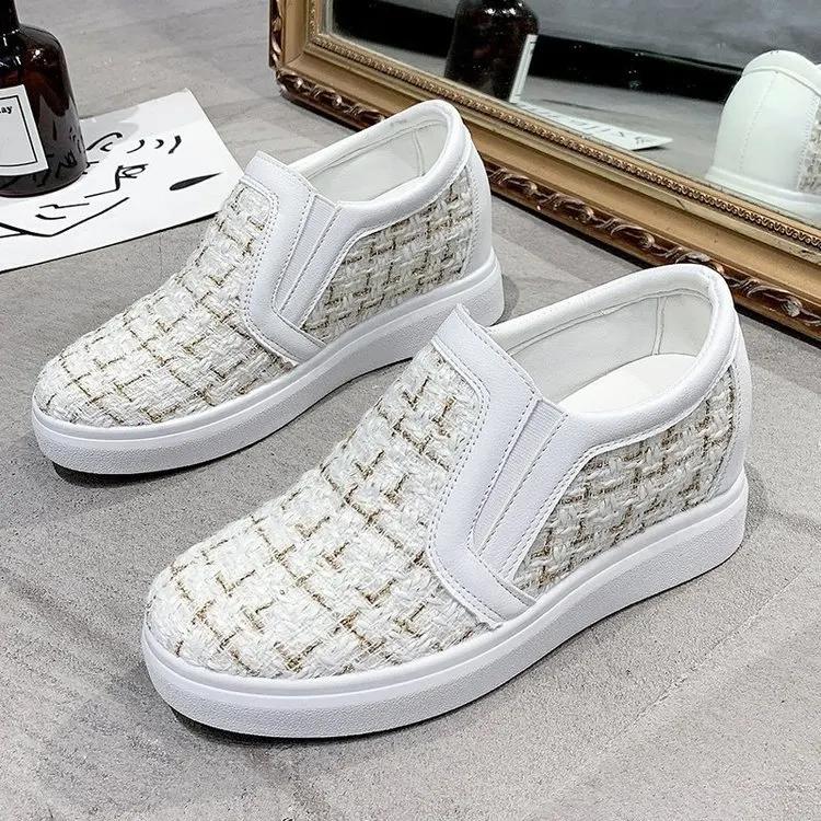Fashion Hidden Wedge Sneakers Women Platform Checkered Loafers Women Tenis Feminino Wedges Shoes Slip-on Modis Clogs Dress Glitter Fall