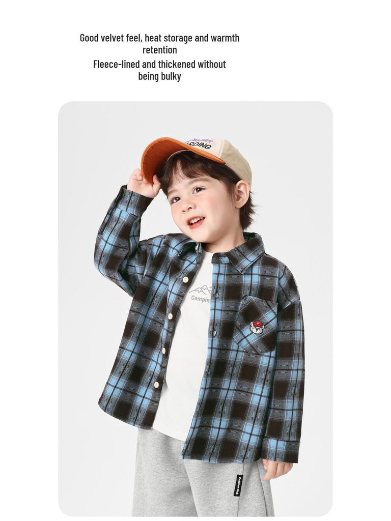 European Boys' Fleece-Lined Plaid Shirt - Autumn/Winter 2025 Kids' Thickened Top