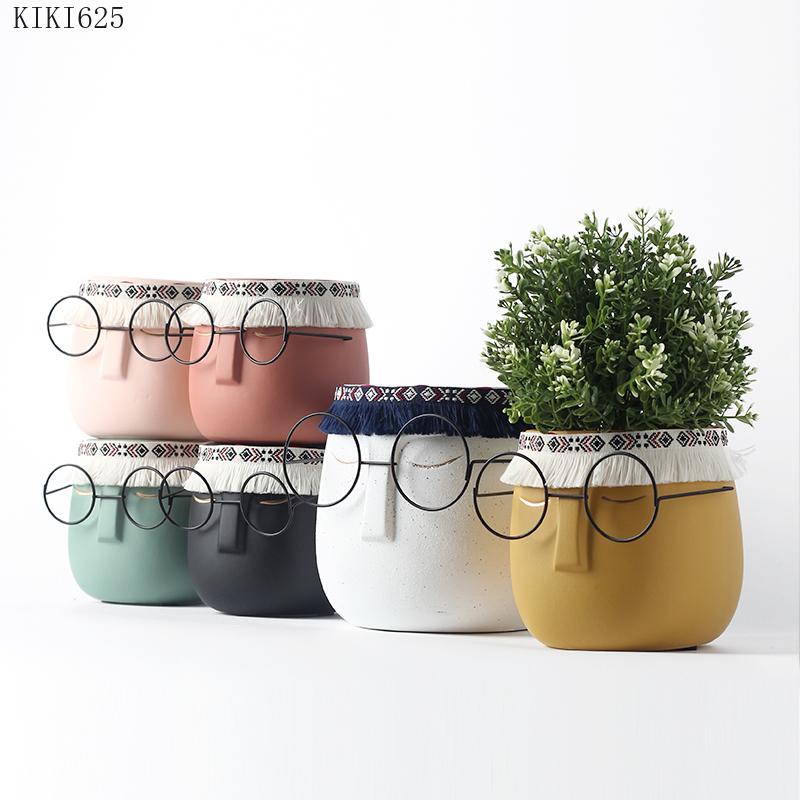 Creative Abstract Black Frame Glasses Head Ceramic Flower Pot Vase Succulents Cactus Potted Garden Decor Human Face Flower Pot