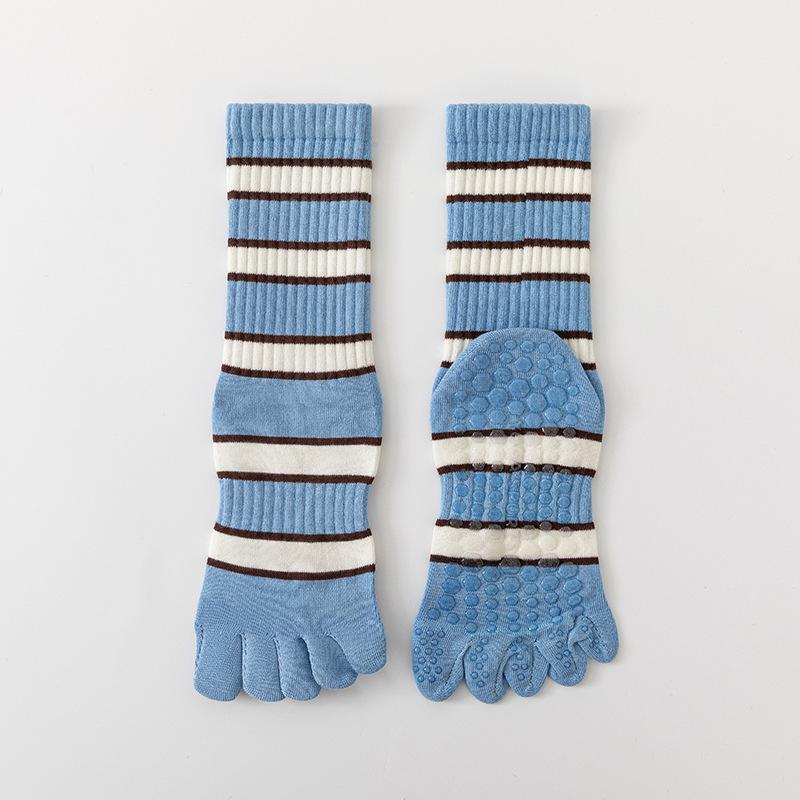 Spring and Summer Bright Striped Mid-calf Split-finger Cotton Socks, High-top Yoga Fitness Sports Anti-slip Socks, Five-finger Socks Pilates