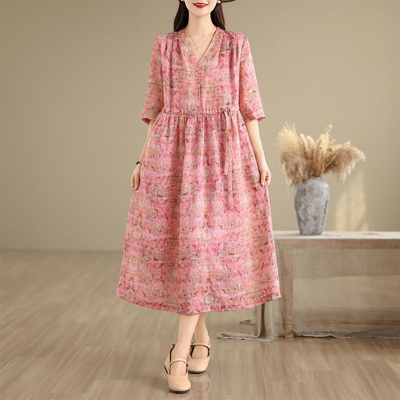 2026 Cotton Linen V-neck Lace-up Plus Size Elegant Summer Dress
