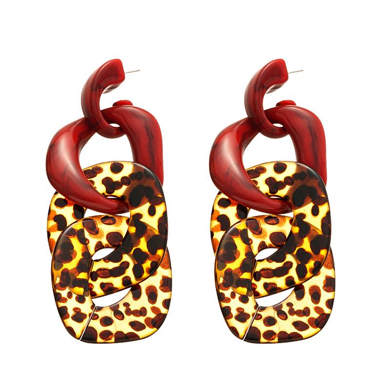 Boucles d'oreilles géométriques exagérées à imprimé léopard - Acrylique unique à blocs de couleurs avec design aiguille en argent pour femmes