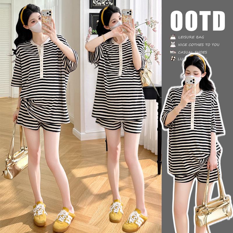 Maternity Striped Casual T-Shirt & Belly Support Shorts Set 2XL