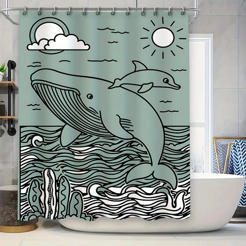 Oceanic Whale Dolphin Print Shower Curtain Set for Bathroom Decor Modern Style Waterproof Fabric Multiple Sizes Available (Green