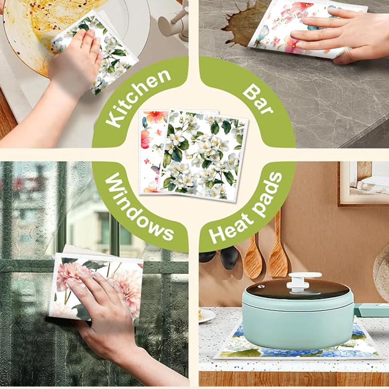 6PCS Flowers Print Swedish Dishcloths Eco-Friendly Kitchen Rags Absorbent Dish Towels Reusable Washable Cleaning Cloth