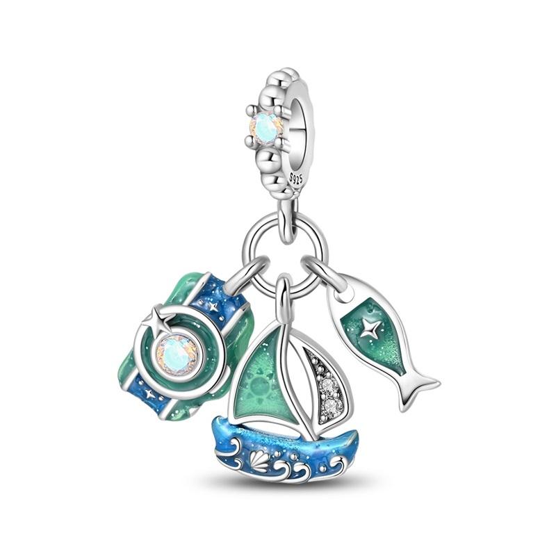 Green Series 925  Silver Dinosaur Bow Puppy Swallow Umbrella Four-Leaf Clover Charm Fit DIY Bracelet Necklace Party Gift