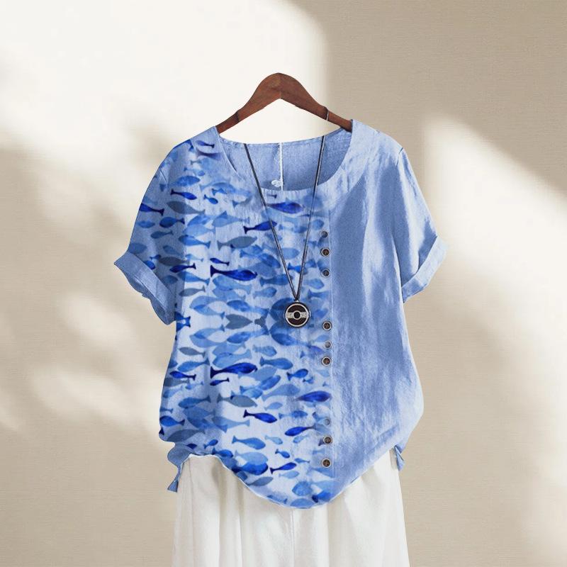 Popular women's printed retro cotton and linen top short-sleeved T-shirt women