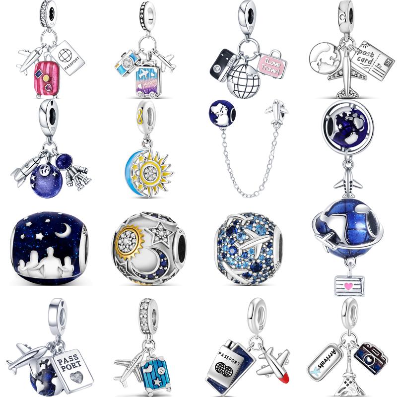 925 Sterling copper Star Moon Sun Airplane Travel Passport Postcard Pendant Blue Beads Fit Pantaro Charms Bracelet Women Zircon