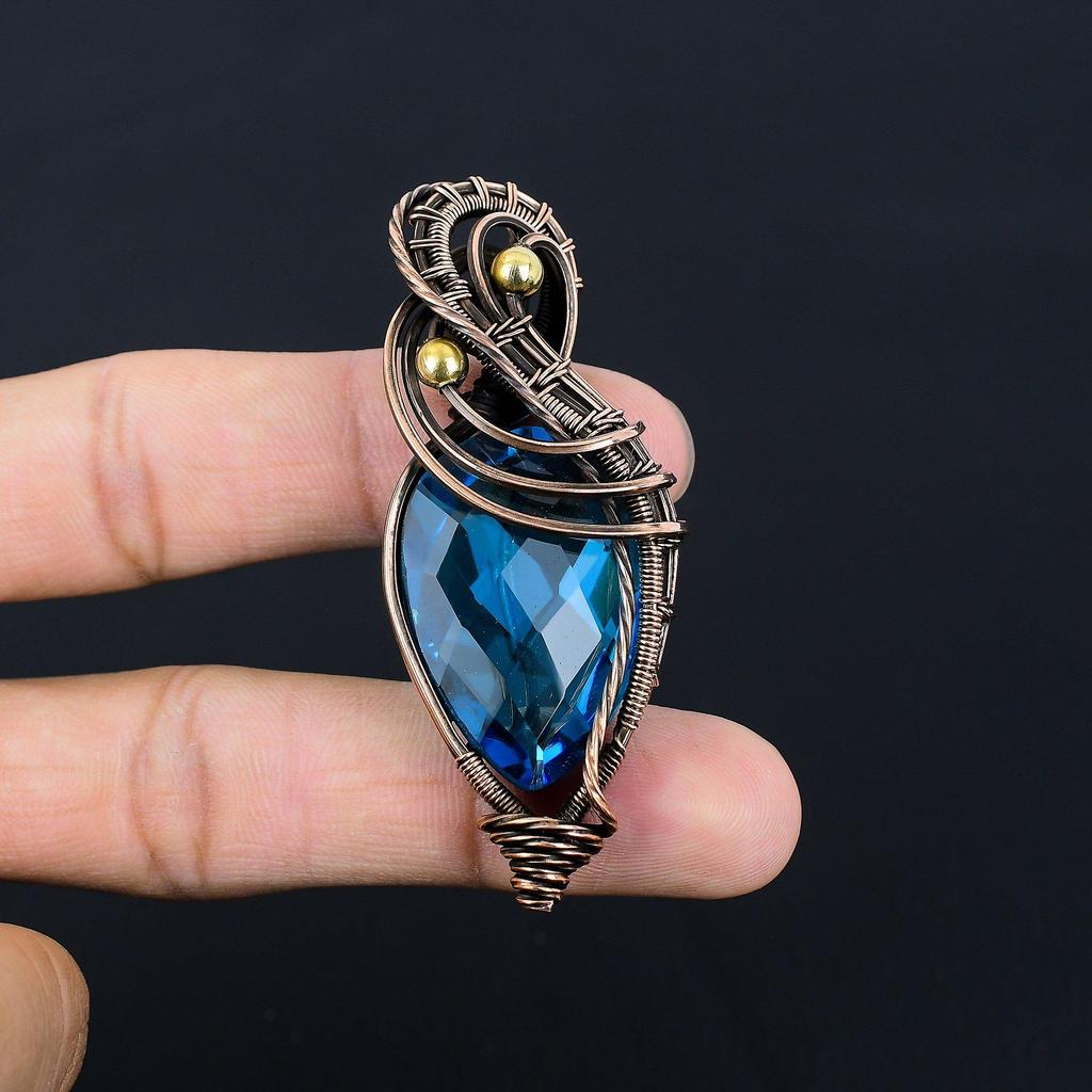 Pietre prețioase de topaz albastru, lucrate manual, bijuterii cu pandantiv învelit cu sârmă de cupru pentru Ziua Memorialului