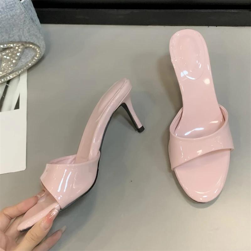 Eilyken Summer Patent Leather Open Toe Slippers Thin Low Heels Beach Prom Slide Prom Slide Shoes