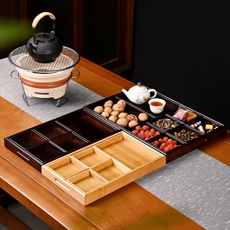 Bamboo and Wood Tea Snack Tray - 9-Grid Walnut Design for Living Room Pastries and Snacks