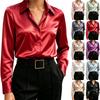 Women's Long Sleeve Satin Button-Up Shirt with Lapel Collar Casual Blouse Top