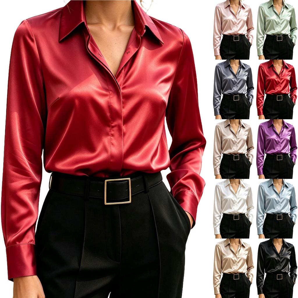 Women's Long Sleeve Satin Button-Up Shirt with Lapel Collar Casual Blouse Top