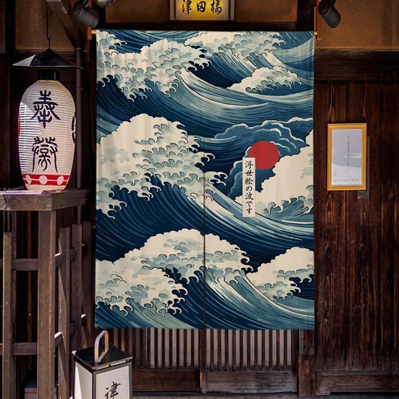 

Japanese Linen Partition Door Head Curtain Signboard Restaurant Hanging Flag Curtain Teahouse Fuji Waves Short Curtains Decor 65x90cm