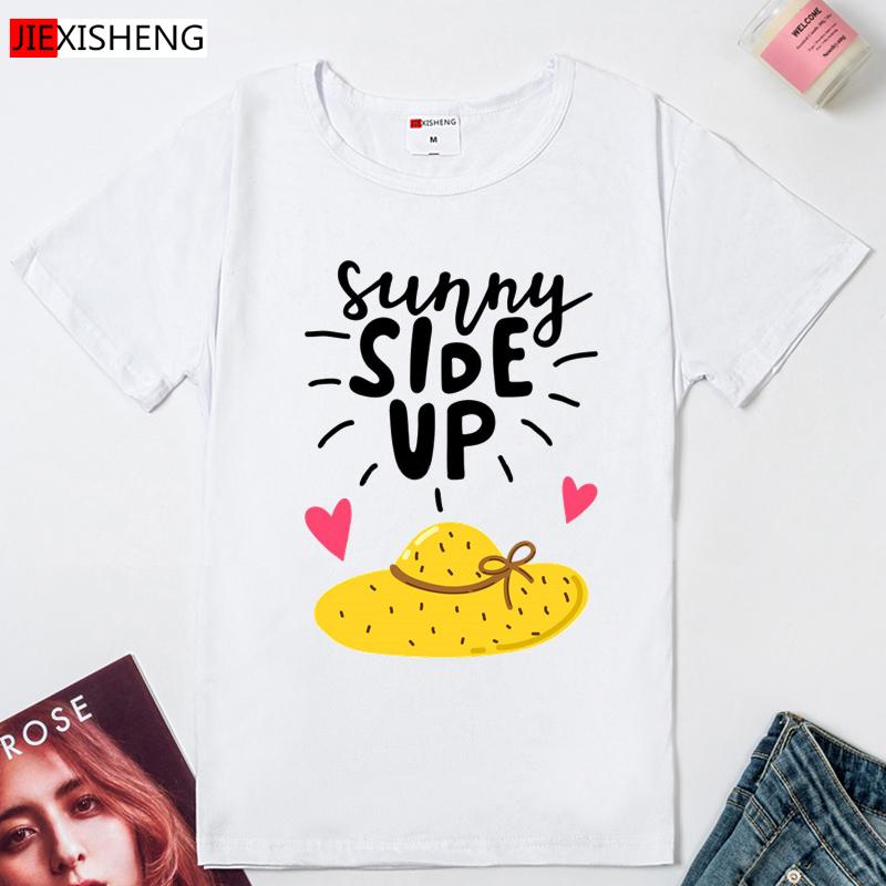 

Sunny Side Up Letter Print Women T Shirt Casual Short Sleeve Funny T-Shirt 5 Colors Harajuku Cute Fashion Female Tops XXXL білий