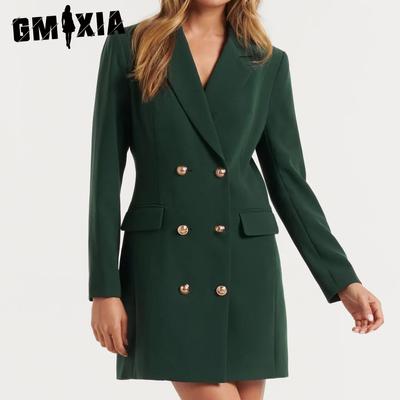 Herbst Winter Slim OL Einfarbig Casual Zweireiher Mittellange Anzugjacke Kleid Blazer für Damen