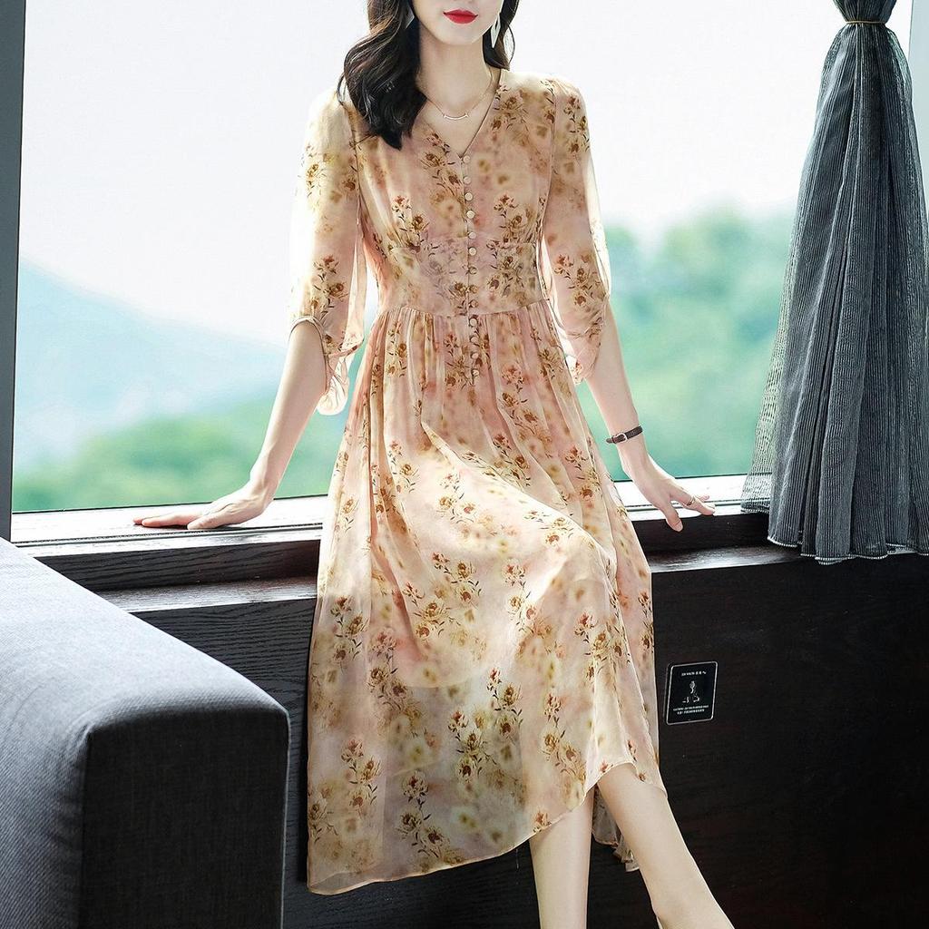 Fairy Pink Floral Short-Sleeve Mulberry Silk Dress - Seaside Holiday Long Skirt