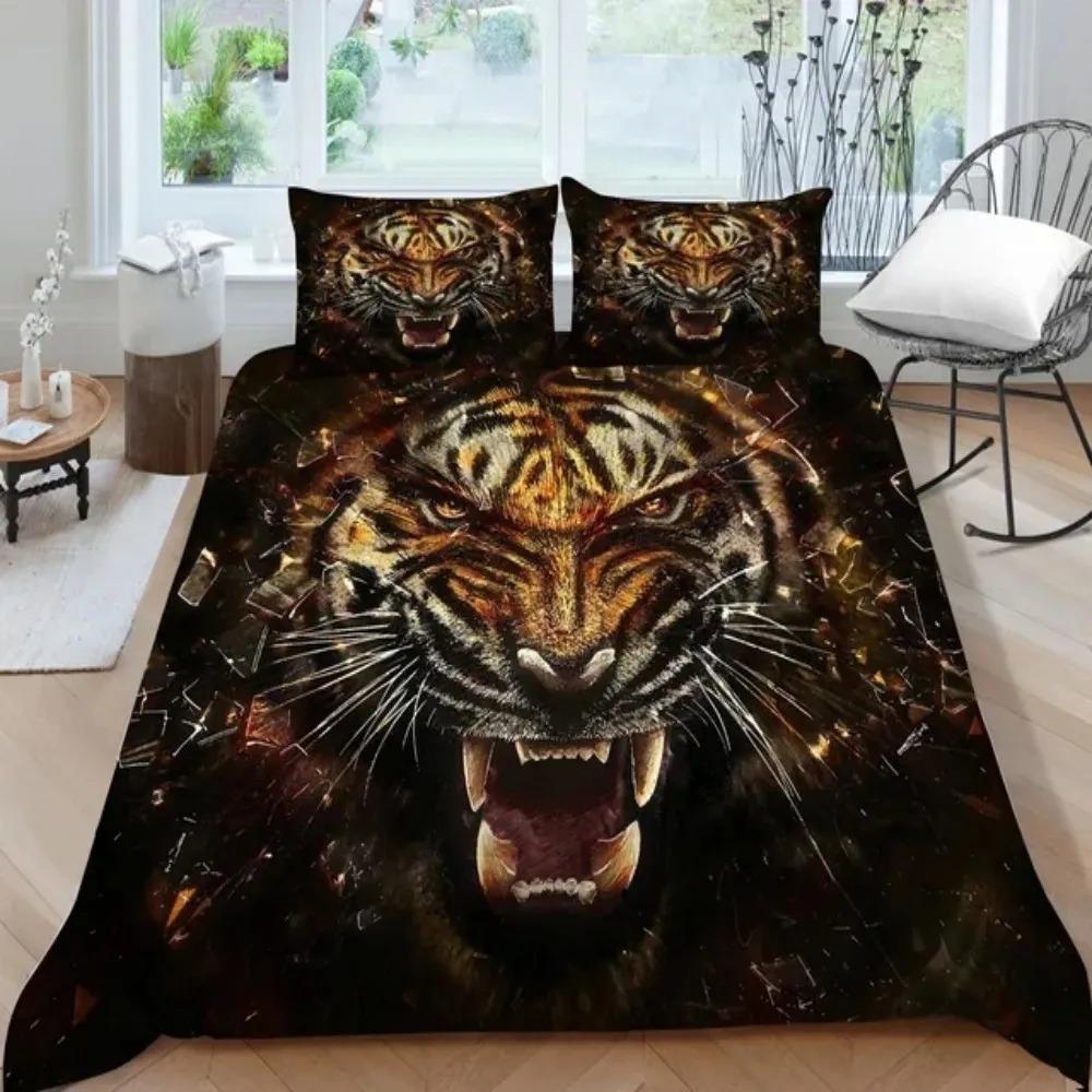 3D Animal Tigers Bedding Set 23PCS Soft Microfiber Queen King Twin Size Duvet Cover Set with Pillowcases Teens Boys Bed Linen