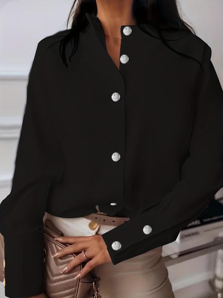 Women's Autumn Solid Color Metal Buckle Long-Sleeve Stand-Up Collar Shirt