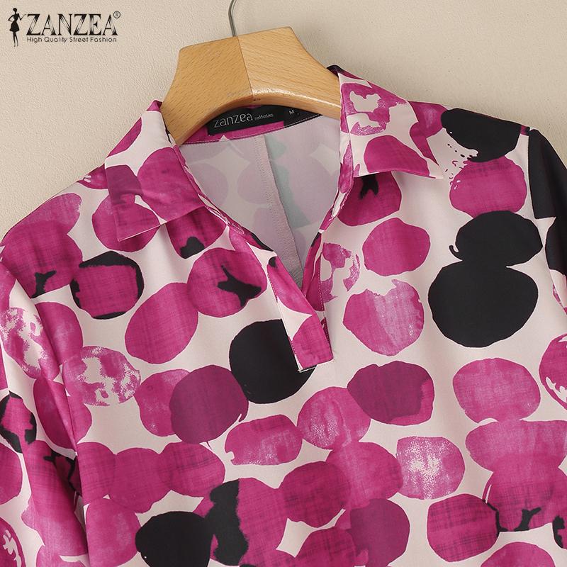 ZANZEA Women Turn Down Collar Long Sleeve Loose Print Shirt Dress