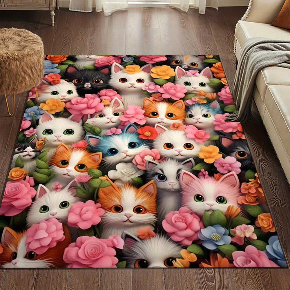 Polyester Area Rug with Cute Cats and Flowers Print - Antiskid Home Decor Carpet for Living Room, Bedroom, Chair Mat - Durable