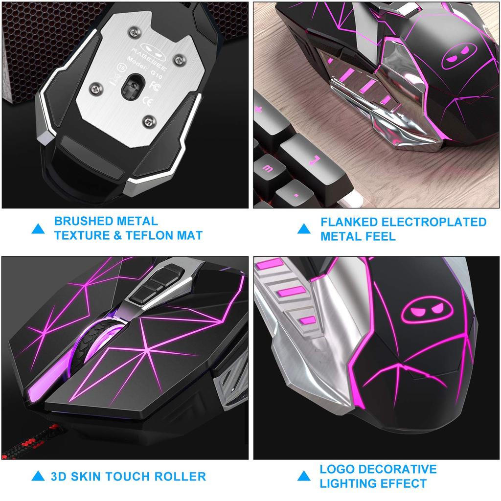 MageGee G10 Wired Gaming Breathing LED Adjustable Ergonomic Optical Computer Mouse with 7 Buttons for Windows PC Black Mouse, 7-Color Backlit, 6-Speed