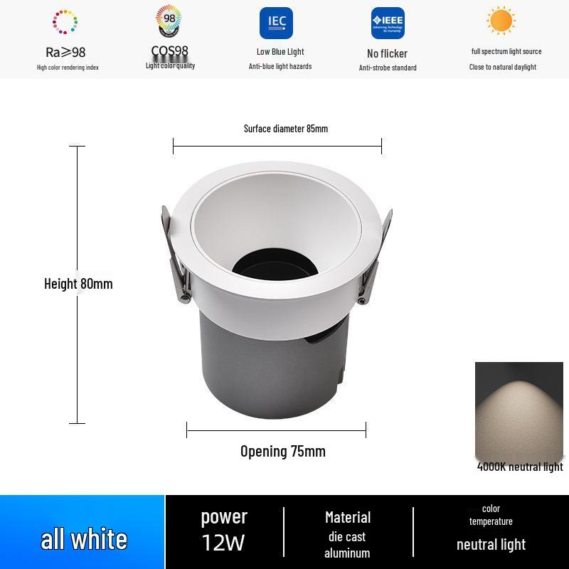 

Small Anti-glare Deep Cup Ceiling Spotlight for Living Room, Aisle, and Hallway All White-12W-Cut-out 75mm