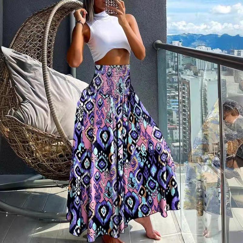 Bohemia Style Plus Size Women's Elastic High Waist Fashion Leaves Geometric Pattern Fashion Skirt Beach Dress