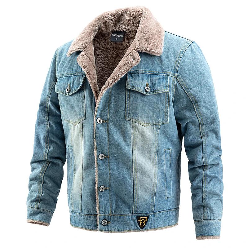 

Men Autumn and Winter Denim Jackets Fleece Solid Lapel Fashion Motorcycle Jeans Hommes Slim Fit Cotton Casual Black Blue Coat XS небесно-голубой