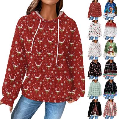Mode Femme Pull Ample à Capuche Manches Longues Sweat-shirt à Carreaux avec Cordon de Serrage, Épaule Tombante, Poche, Haut Imprimé Noël