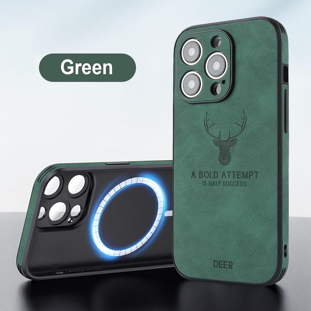 Magnetic Leather Phone Case for iPhone 11-16, Compatible with iPhone 12-15 Pro Max, Elk Head Design, Japanese & Korean Style