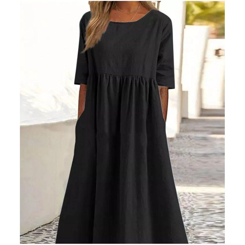 

Fashion Wind Fall Slim Fit Slim Looking Elegant Travel Ladieswear Solid Color round Neck Short Sleeves Grassland Holiday Dress Ladies Black 3XL
