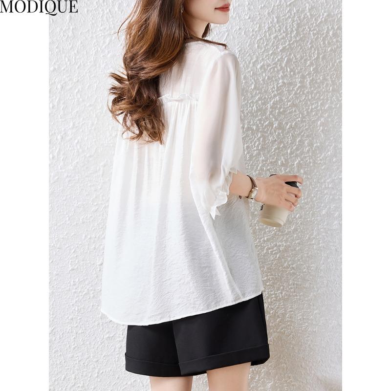 MODIQUE Spring Summer Plus Size New Women Loose Fashion Print Blouse Shirts Female Casual Oversize Short Sleeve V-Neck Top Basic White