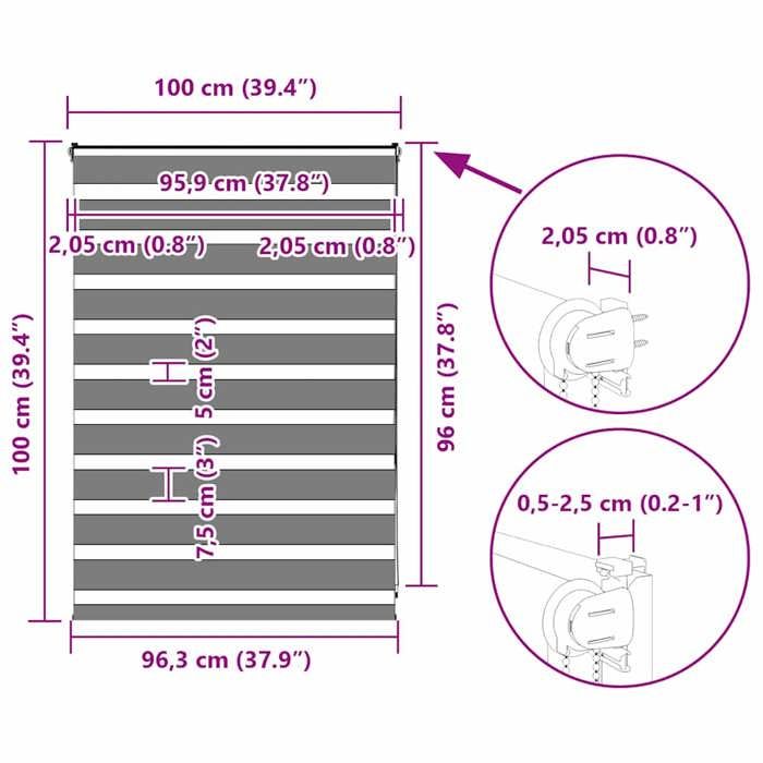 VidaXL Store zèbre blanc 100x100 cm largeur du tissu 95,9cm polyester, store à enrouleur zébré, store zébré pour fenêtre, 4014729