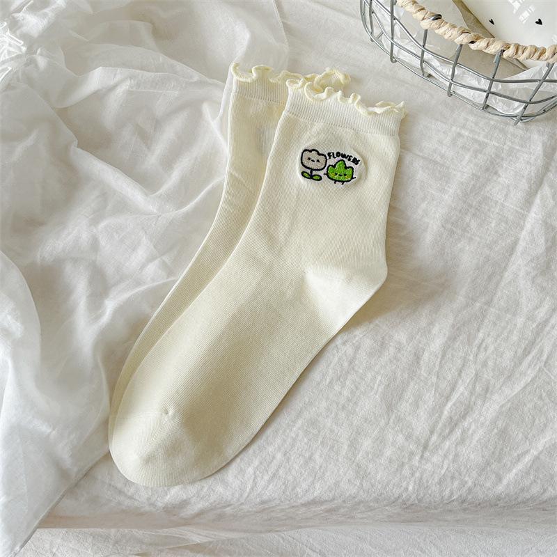 

White Black Ear-rimmed Socks for Women s Spring and Summer, Thin Pile Socks, Cartoon Color Contrast Mid-calf Socks 1 pair