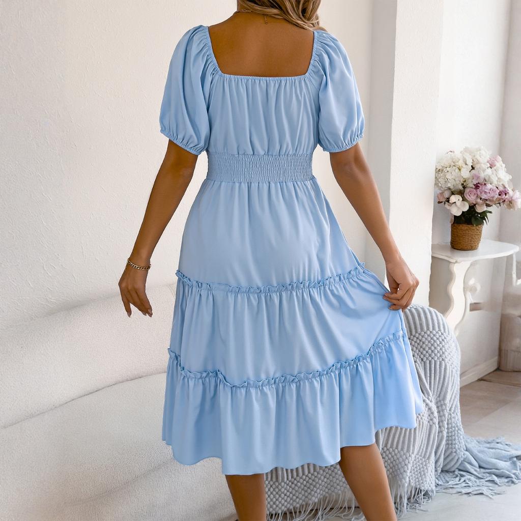 Women's Fashion Color Square Neck Short Sleeve Black Fungus Edge Large Skirt Loose Dress