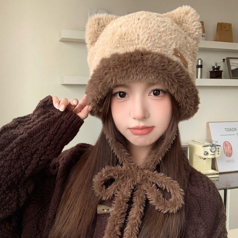 Bear Ear Fuzzy Ear Flap Hat 56-59CM Winter Thermal Hat Cute Plush Trapper Hat Outdoor Use
