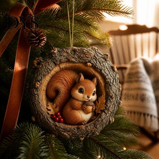 Christmas Tree Pendant Hole Animal Acrylic Ornament, Owl Fox Raccoon Bird Hedgedog Holiday Party Decorations Squirrel Pinecone Pendant, Seasonal