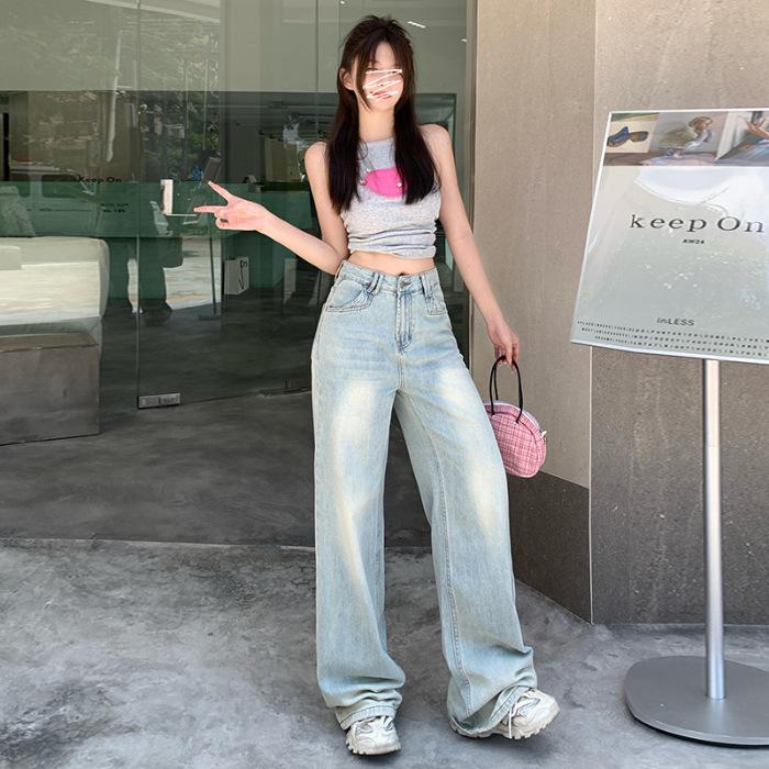 Retro Distressed Washed Blue Flare 2024 Loose Straight Leg Pants - Spring/Summer Wide-Leg Trousers XL