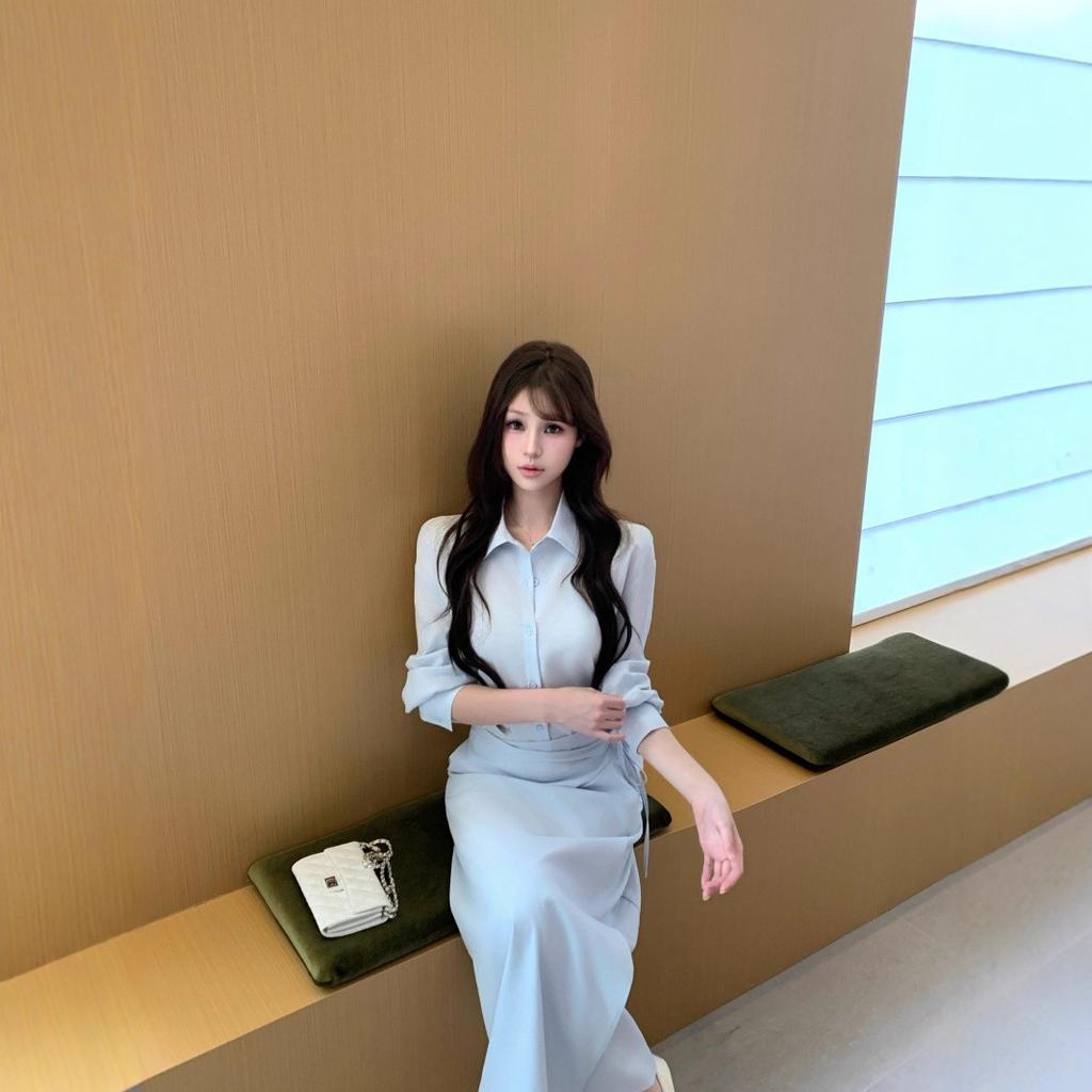 High-end Fake Two-piece Blue Shirt Dress Women's Early Autumn Niche Design Showing Thin Temperament POLO Long Skirt