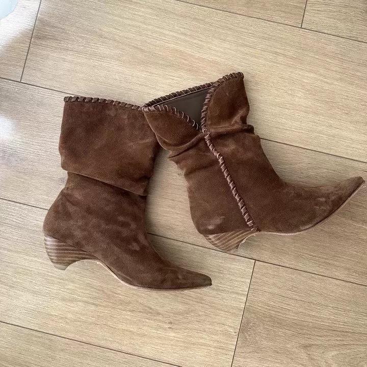 Cowhide Version~ Pointed-toed Woven V-mouth Western Cowboy Boots for Women's Autumn and Winter New Thick-heeled One-pedal Sleeve Versatile Short Boots