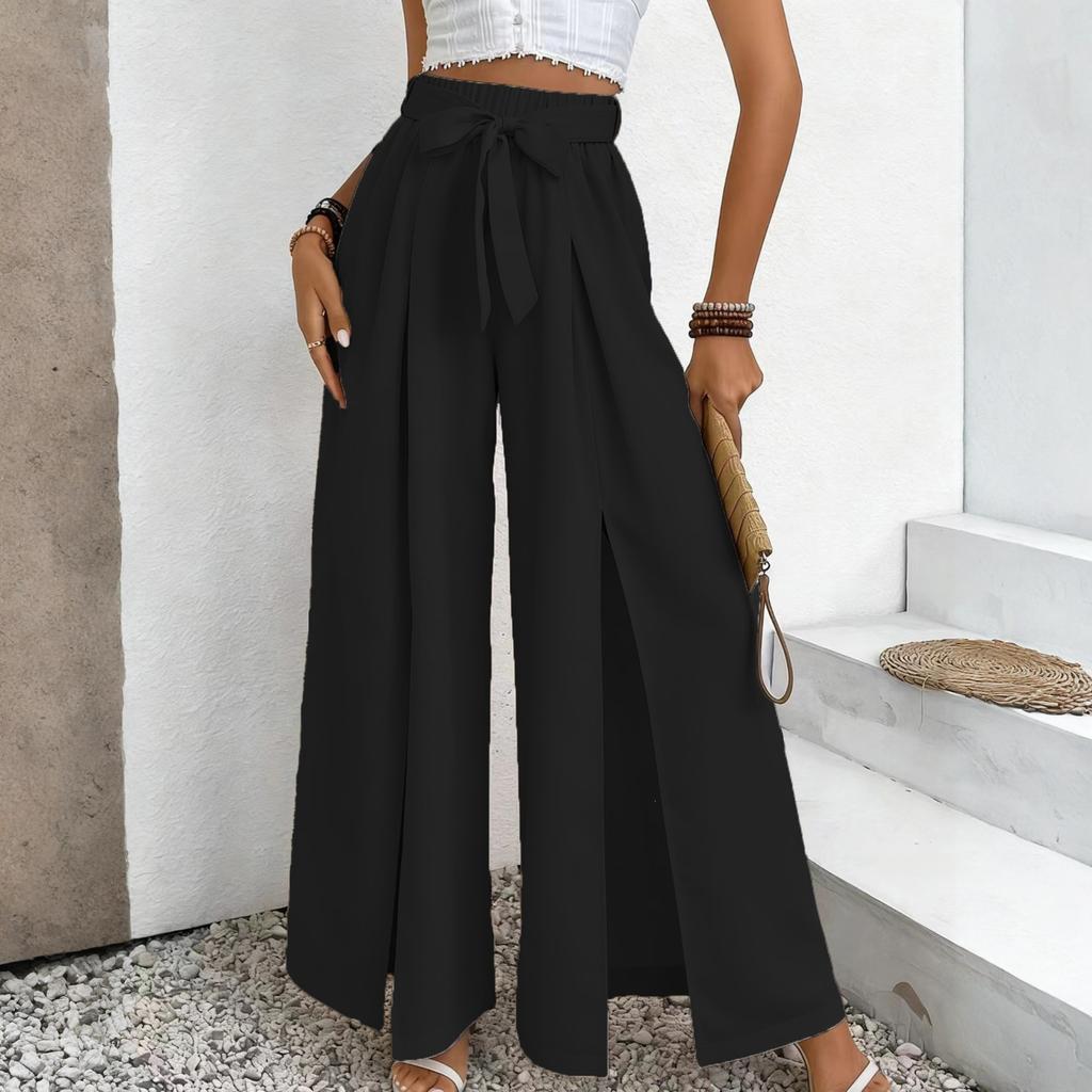 Women's -Color Casual High-Waisted Wide-Leg Trousers With Drawstring