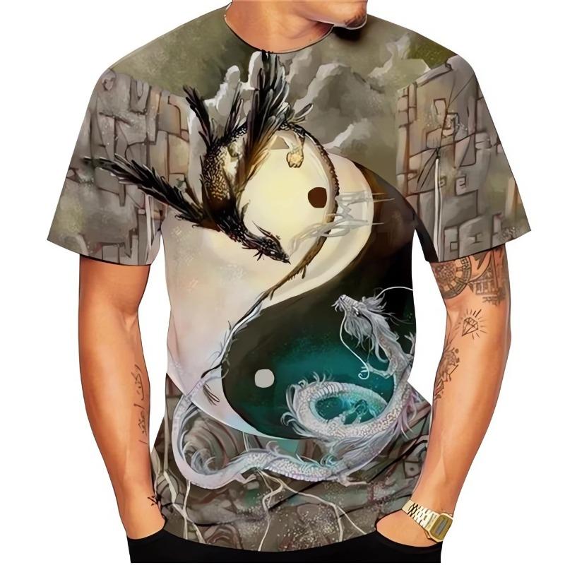 Bagua Taiji Yin Yang Dragon Pattern Men's T Shirt Casual O-neck Loose Short Sleeve Tops Funny 3D Print Tees Fashion Men Clothing