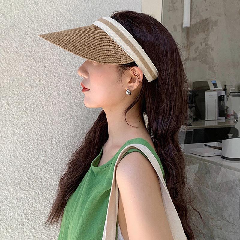 New Summer Raffia Straw Sun Protection Hat Open Top Straw Hat Striped Versatile Uv Protection Women'S Casual Baseball Cap